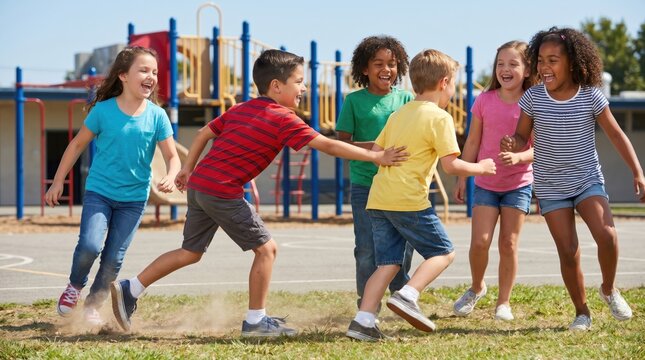 Happy children playing tag on playground.
