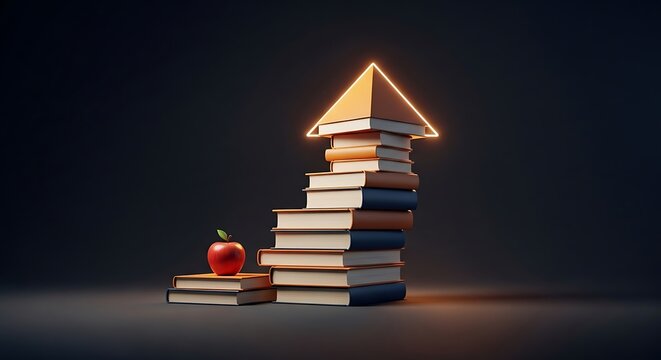Stack of books with glowing triangle and red apple on top of two books