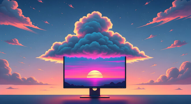 Digital cloud computing concept with a computer monitor displaying a sunset landscape
