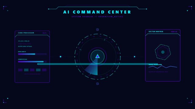 Futuristic AI Command Center HUD Interface with Radar and Data Panels.