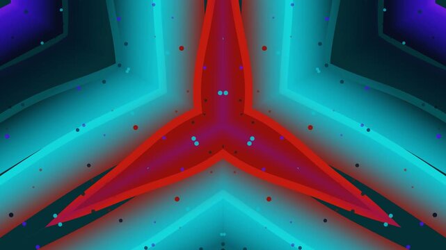 Vibrant red kaleidoscope pattern shape glows brightly in futuristic cyan environment with neon lights