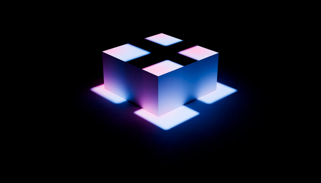 Glowing 3D neon cube illuminated in pink and blue on dark background