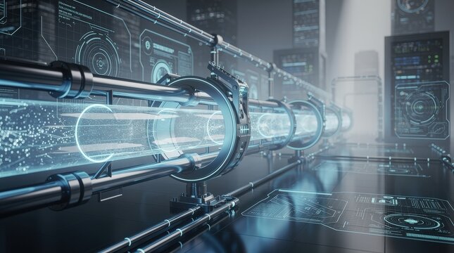 A futuristic scene showcasing illuminated pipes with digital displays, suggesting advanced technology and data transfer.