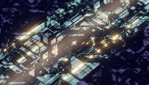Abstract 3D circuit board network resembling a futuristic city