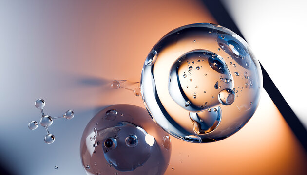 Abstract 3d rendering of a transparent water bubble and molecule