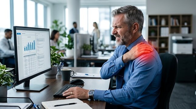 Professional man with shoulder pain at office desk with red ache glow for healthcare marketing