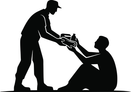 Silhouette of man helping and giving food to needy person with humanitarian silhouette donation volunteer kindness