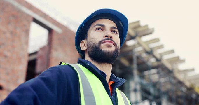 Architect, man and building inspection outdoor for masonry safety, progress and compliance. Construction, worker and monitor remodeling development for defect management, quality control or low angle