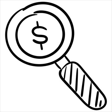 Hand drawn magnifying glass with dollar sign icon. Concept of financial analysis, money search, and investment discovery