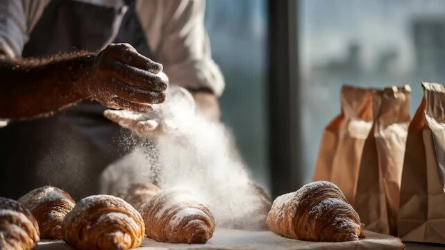 A baker sprinkles powdered sugar over warm croissants, creating a cozy and inviting bakery atmosphere. Sunlight streams through the window, illuminating the fresh pastries and rustic paper bags