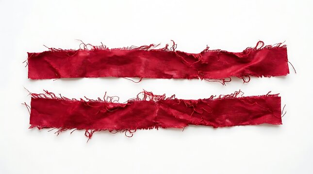 Two frayed red fabric strips with unraveling edges placed parallel on plain background