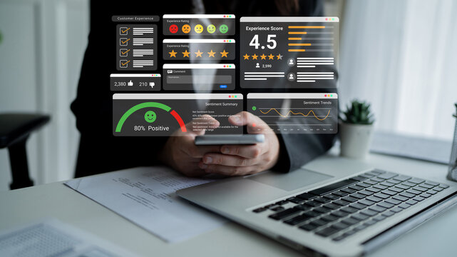 Feedback system with ratings, sentiment meter, and charts representing customer satisfaction and experience analysis Parse
