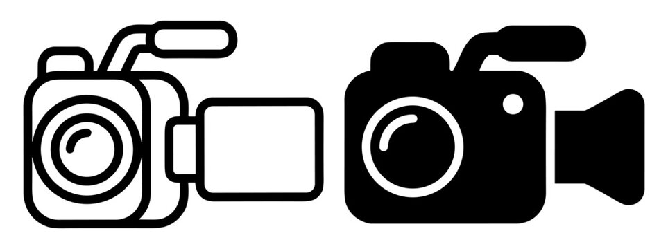 Black and white video camera icons set with handle and lens design for multimedia and recording concepts on transparent background