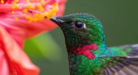 Obraz premium Hummingbird feeding on hibiscus flower with vibrant colors and details, intricate feathers shine under natural sunlight. Hummingbird represents beauty in nature and essential role in pollination.