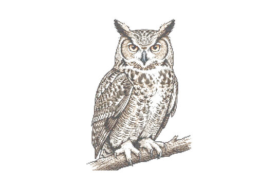 Owl perched on branch isolated on white background detailed vector illustration
