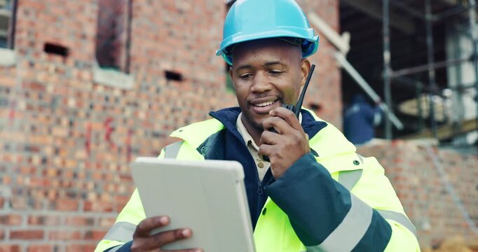 Construction, tablet or man outdoor with radio, task brief or inspection update in chat. Industrial, ppe or engineer on site with tech, progress report or project coordination in communication.