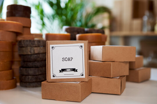 Arrangement of handmade soap boxes at workshop
