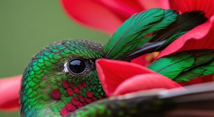 Obraz premium Close-up of hummingbird feeding on vibrant red flower petals showcasing intricate details of plumage and floral texture. Hummingbird delights in sweet nectar from vivid flowers in nature setting.