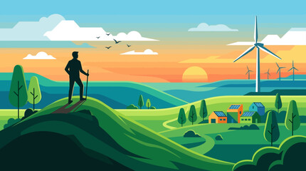 Obraz premium A wide flat vector scene featuring a silhouette of a person standing on a hill with a wind turbine in the distance. Clean, environmental, sustainable theme, solid geometric shapes, vibrant landscape c
