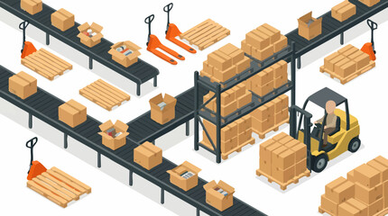 Isometric warehouse logistics with conveyor belts, boxes, forklift, and pallet jacks © Orhan