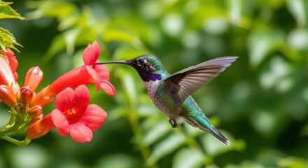 Obraz premium Hummingbird feeding on vibrant red flower with green background, showcasing incredible iridescent feathers and delicate wings. Nature's beauty captured in hummingbird's interaction with flower.