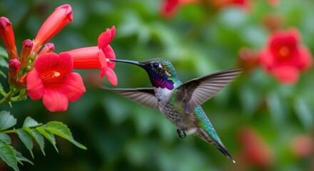 Obraz premium Hummingbird feeding on vibrant red flowers in lush garden. Hummingbird displays iridescent colors while hovering near blossoms, enjoying sweet nectar.
