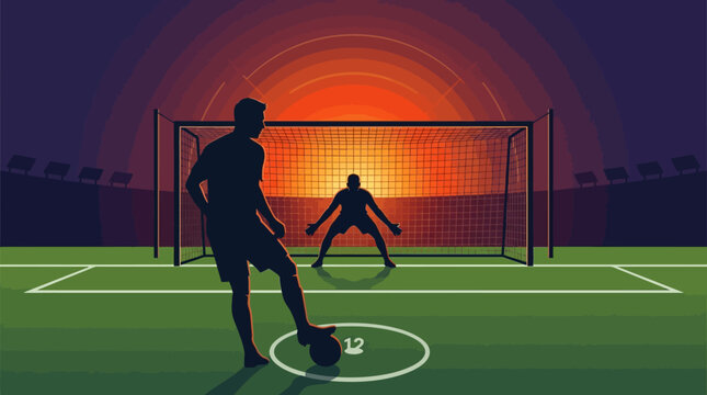 A high-tension flat vector scene, inspired by the graphical style of image_0.png. It features a sharp, focused silhouette of a single player standing over the penalty spot, eyes locked on a single sil