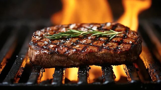 Juicy Grilled Steak Cooking on Hot Barbecue Grill with Flames
