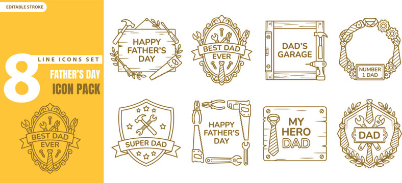 Eight Fathers Day line icons set with tools and text vector illustration