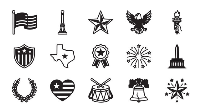 American Symbol Collection: A collection of American symbols including the flag, stars, eagle, Statue of Liberty, shield, Texas shape, award ribbon, fireworks, obelisk, laurel wreath, heart with flag.