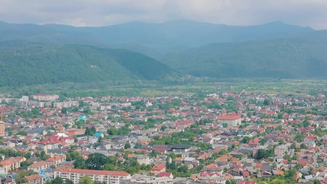 Aerial Panorama of Khust Town with Carpathian Mountains, Ukraine