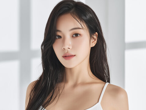 Asian Female model for cosmetic advertising. Beauty skin woman with bare shoulder on white background.