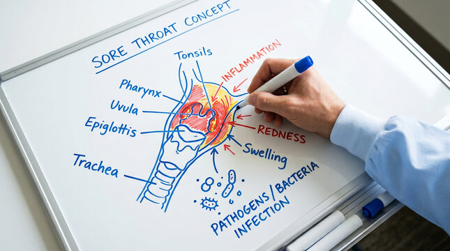 Diagram of a sore throat concept on a whiteboard, illustrating inflammation and infection in the pharynx and tonsils with annotations and a medical professional's hand holding a marker