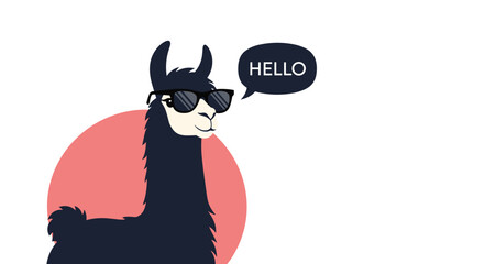 Naklejka premium Cool black llama character wearing dark sunglasses and a speech bubble with the word hello against a pink circular shape.