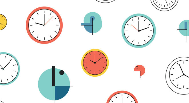 Colorful abstract pattern displays various analog clocks and geometric shapes scattered across a clean white background area.