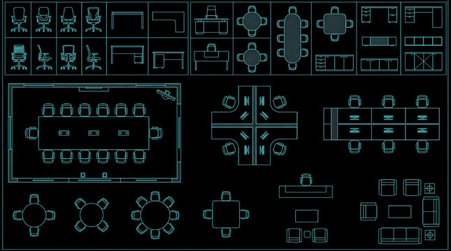 Detailed Conference Long Table CAD Block Collection &ndash; Office Meeting Tables, Seating Layouts and Interior Planning Components Technical Blueprint Vector Set Multi-View Cyan Outline on Black Background