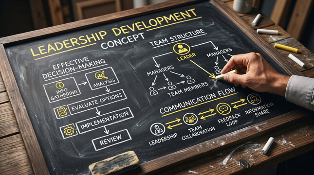 A detailed diagram on a blackboard illustrates the concept of leadership development, showing processes for decision-making and team structure. Chalk is used to draw arrows and text.