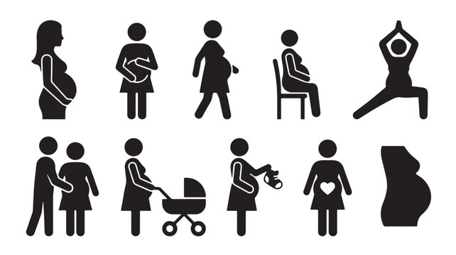 Pregnancy icons, maternity symbols, black silhouette illustrations, 10 icon set, vector eps