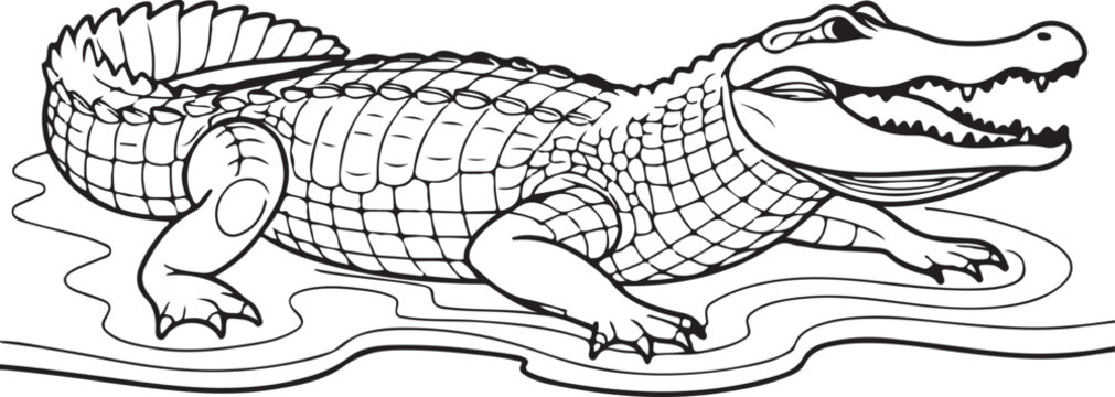 American Alligator With Open Mouth In Shallow Water Line Art