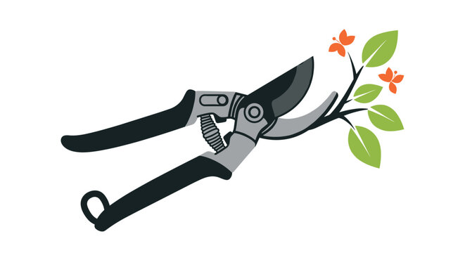 Handheld pruning shears are shown cutting a small green branch with orange flowers against a white background area.