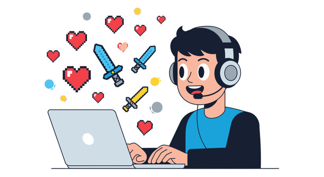 A gamer wearing a headset plays on a laptop with hearts and swords floating around.