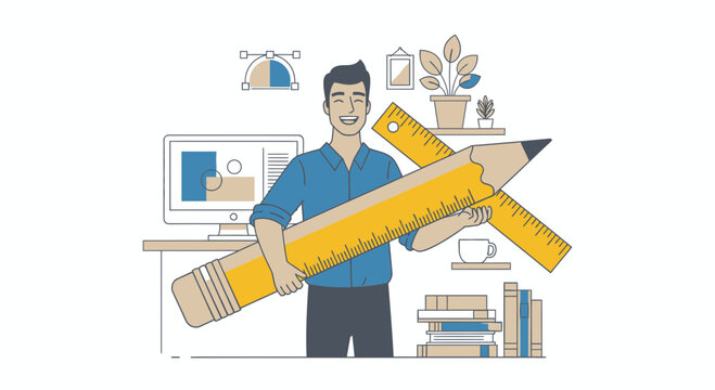 Man holding large pencil in office with computer and books around