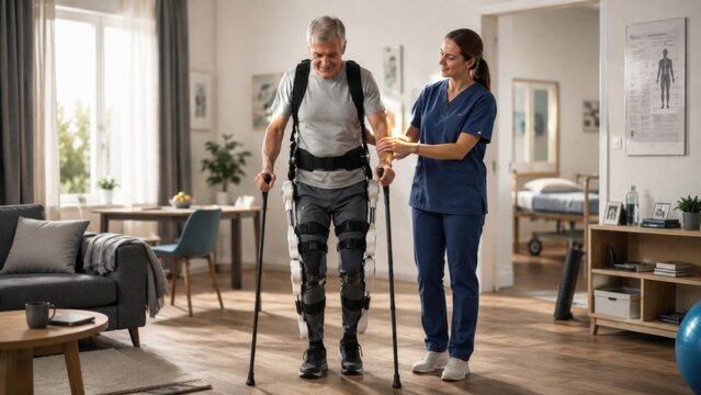 Man using robotic exoskeleton for rehabilitation with help from a nurse in a bright therapy room during the day