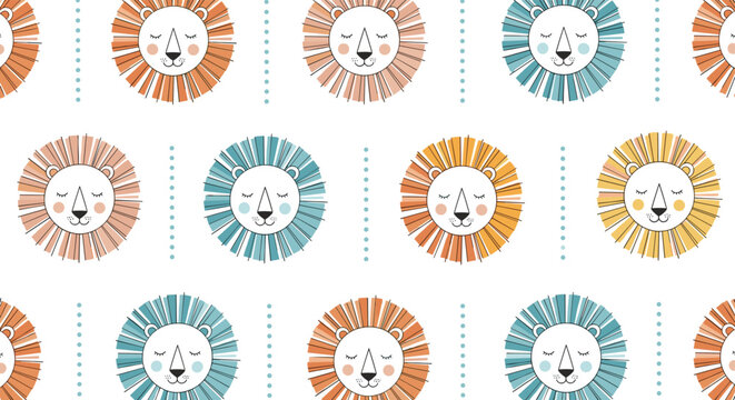 Cute children nursery pattern featuring stylized lion heads with colorful manes and dotted lines in a seamless repeat on a white background.