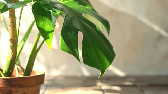 Lush monstera plant, sunlight, a terracotta pot, indoors, wood, white wall