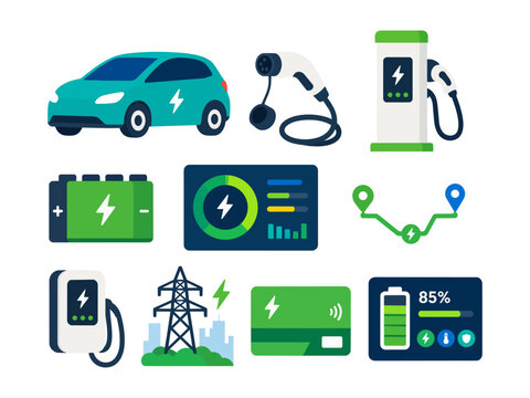 Electric Car Charging Icons Battery, Station, Cable, Map, Power Grid, Display