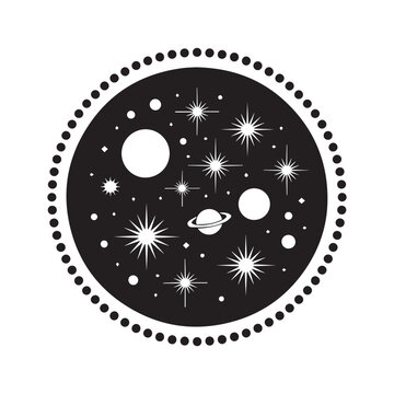 Celestial space galaxy circle vector illustration, Hand drawn stars and saturn planet in circle badge, Esoteric mystical outer space universe vector graphic, Magic astrology circle icon with shiny sta