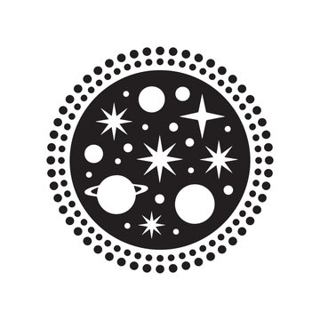 Celestial space galaxy circle vector illustration, Hand drawn stars and saturn planet in circle badge, Esoteric mystical outer space universe vector graphic, Magic astrology circle icon with shiny sta