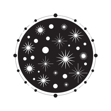 Celestial space galaxy circle vector illustration, Hand drawn stars and saturn planet in circle badge, Esoteric mystical outer space universe vector graphic, Magic astrology circle icon with shiny sta