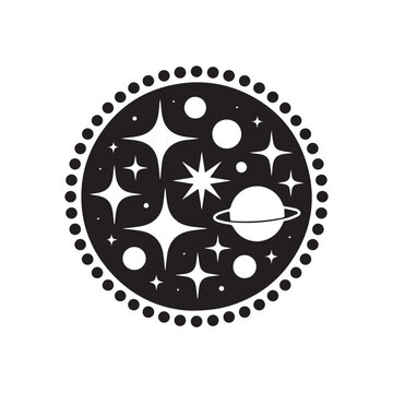 Celestial space galaxy circle vector illustration, Hand drawn stars and saturn planet in circle badge, Esoteric mystical outer space universe vector graphic, Magic astrology circle icon with shiny sta